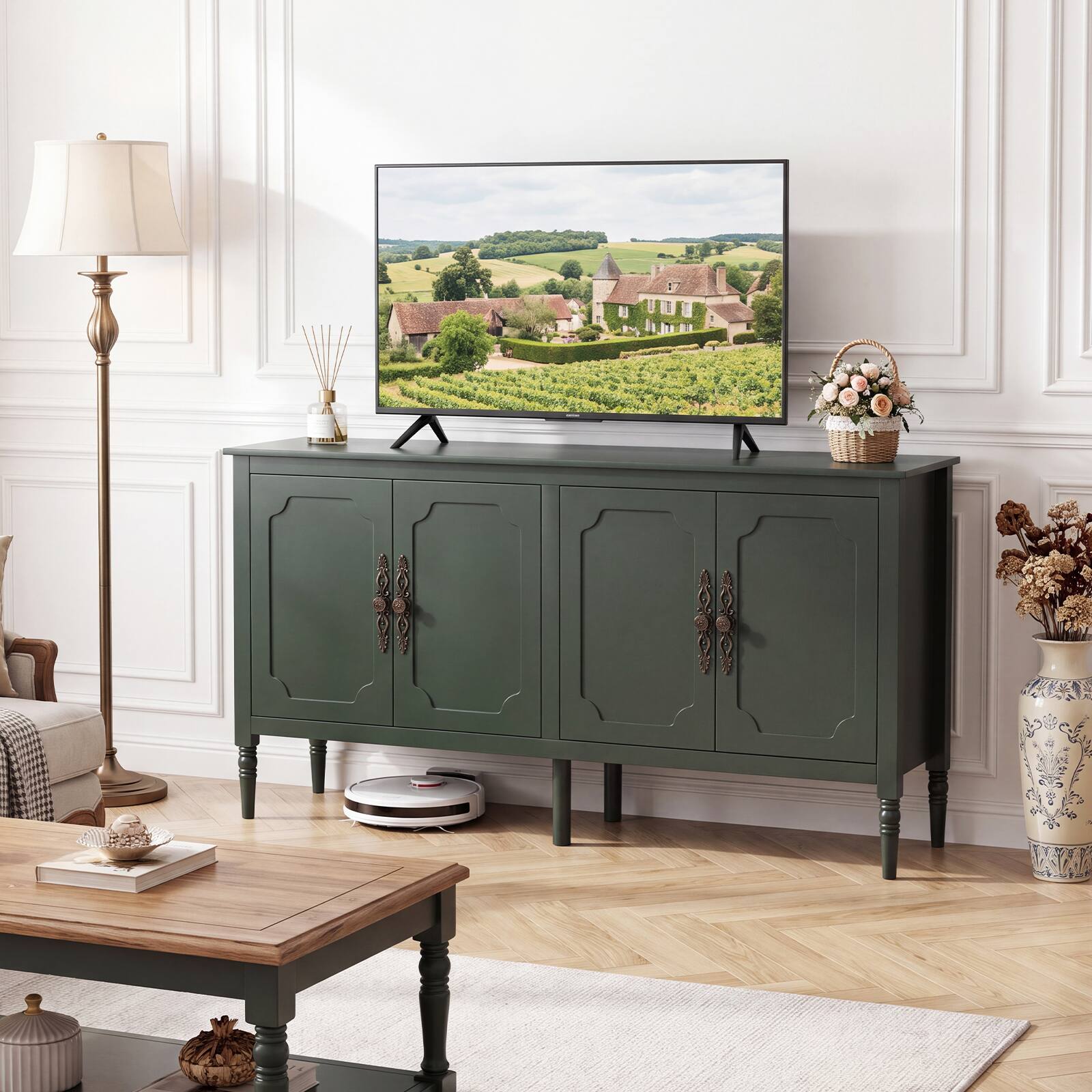 Alt View 4. Costway - Costway 58" Vintage Buffet Cabinet with 4 Doors & 2 Shelves, Storage, Pine Wood Legs - Green.