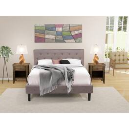 East West Furniture - NL14Q-2GA07 3 Piece Bed Set - 1 Bed Brown Taupe Velvet Fabric Headboard and 2 Nightstands - Distressed Jacobean Finish - Taupe Brown