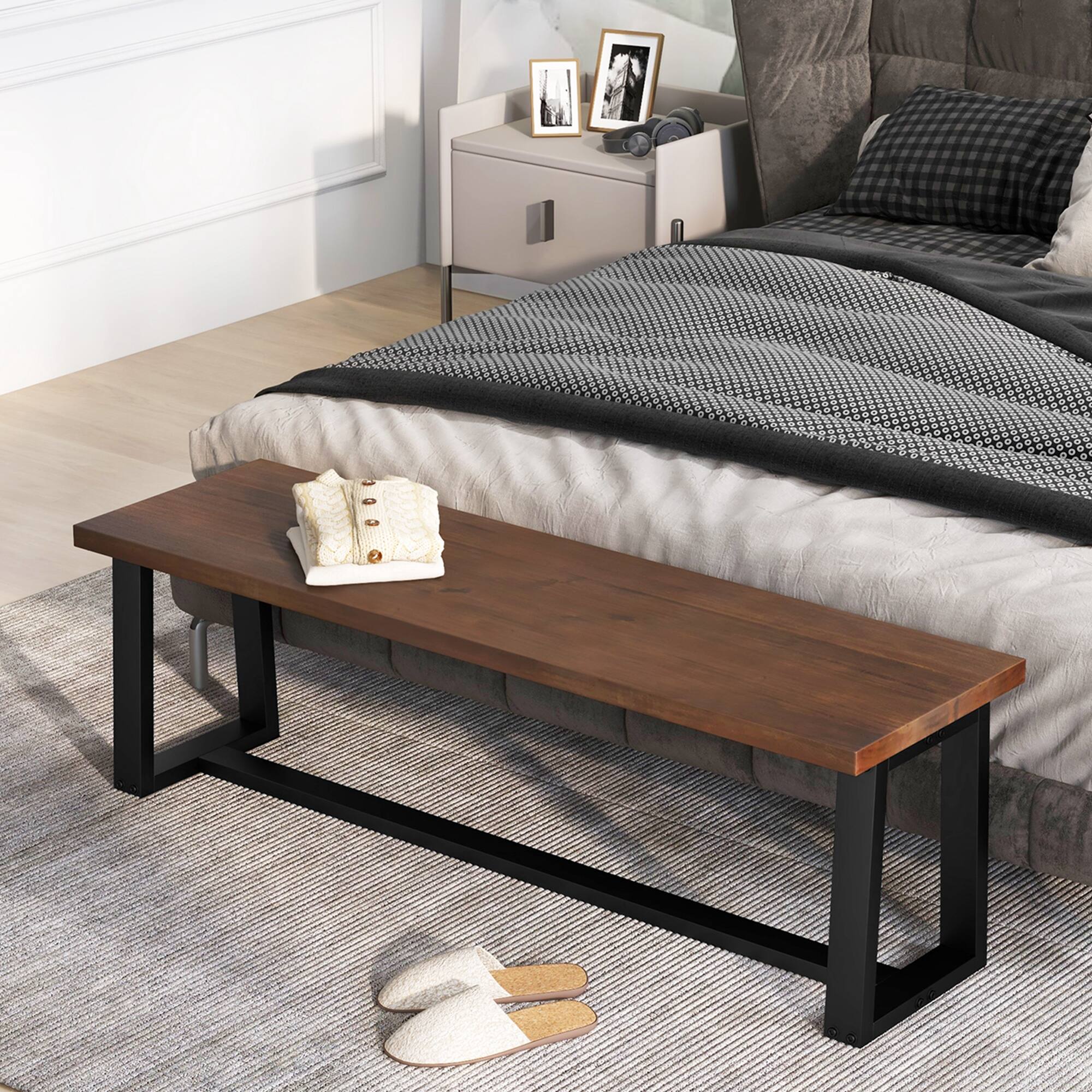 Alt View 11. Costway - 56.5"L Large Wood Dining Bench with Metal Frame Adjustable Footpads for Kitchen Coffee - Coffee.