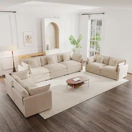 Ropilly - 3 Piece Sofa Set Light Coffee Deep Seat Sofa, Chenille 2 Seater and 3 Seater Sofa Set - Light Coffee