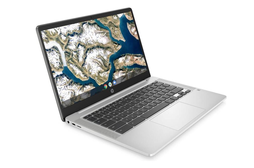 Left. HP - HP 14" Chromebook Laptop with Chrome OS–Intel Pentium Processor–4GB RAM–128GB Flash Storage - Blue.