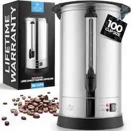 Zulay Kitchen - Commercial Coffee Maker Machine Urn Large Percolator Double-Wall Stainless Steel 100 Cup - Silver