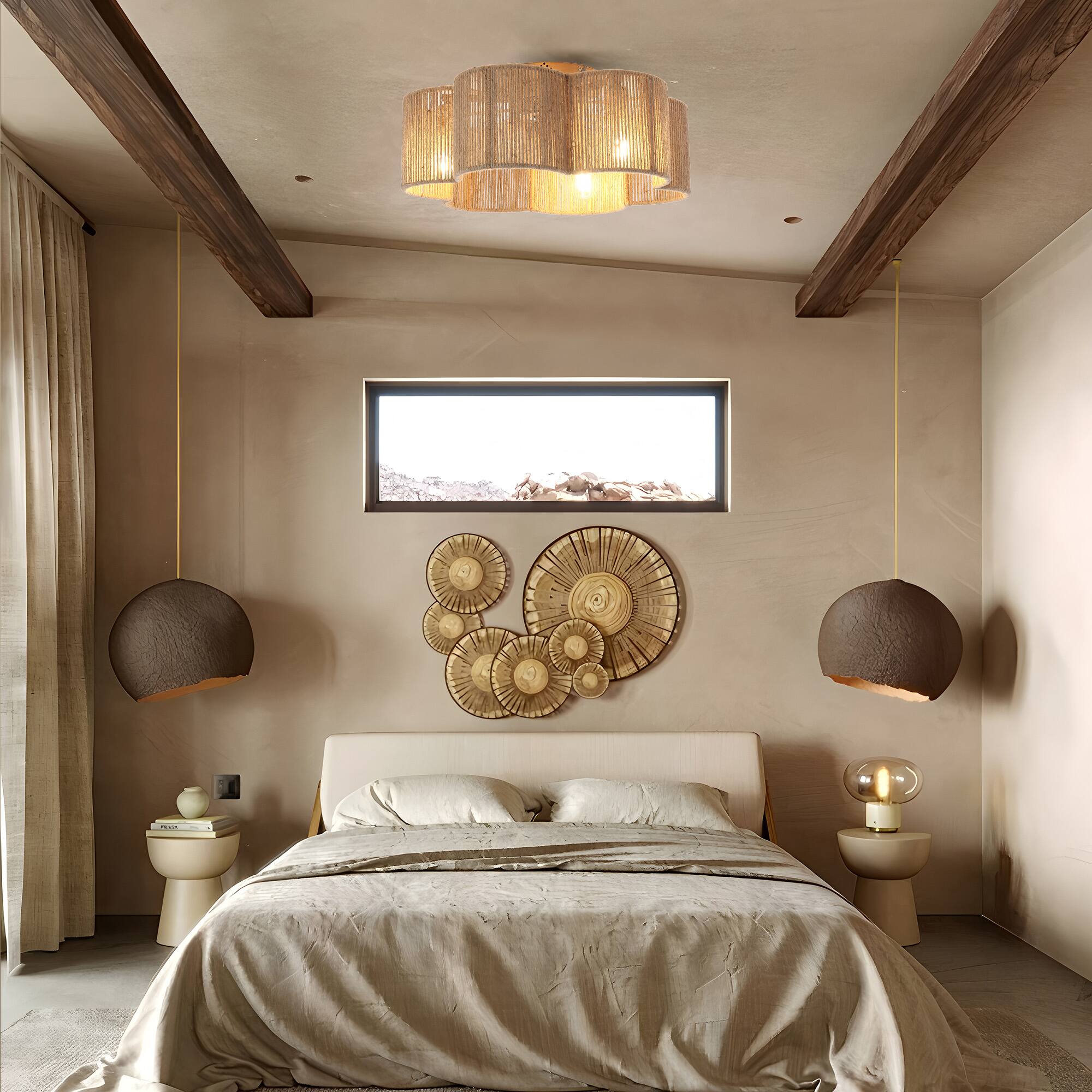 Left. Parrot Uncle - 21" Boho Chic Natural Rope Smart Ceiling Fan Flush Mount with Remote and App - Gold.