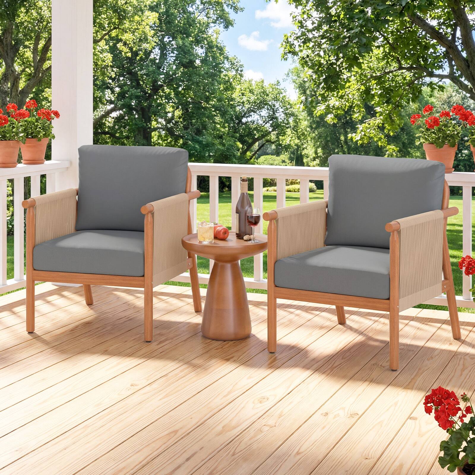 Alt View 1. Gymax - Gymax 2PCS Patio Acacia Wood Chair w/ Woven Rope Armrests & Seat Back Cushions Gray - Gray.