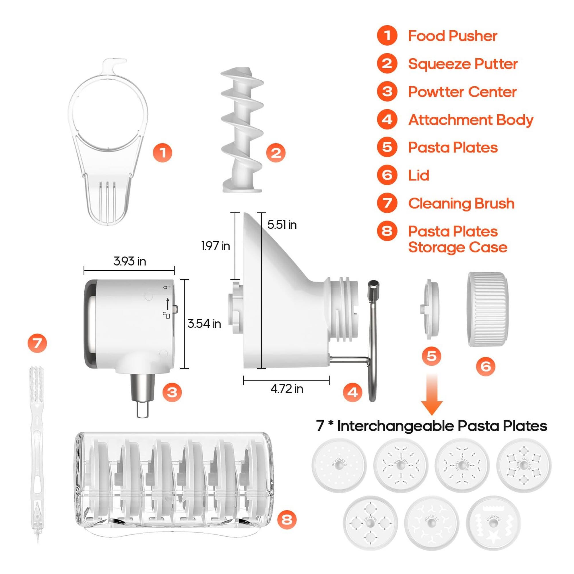 1. Food Pusher
2. Squeeze Putter
3. Powtter Center
4. Attachment Body
5. Pasta Plates
6. Lid
7. Cleaning Brush
8. Pasta Plates Storage Case

Dimensions:
- 3.93 in
- 1.97 in
- 5.51 in
- 3.54 in
- 4.72 in

7 * Interchangeable Pasta Plates