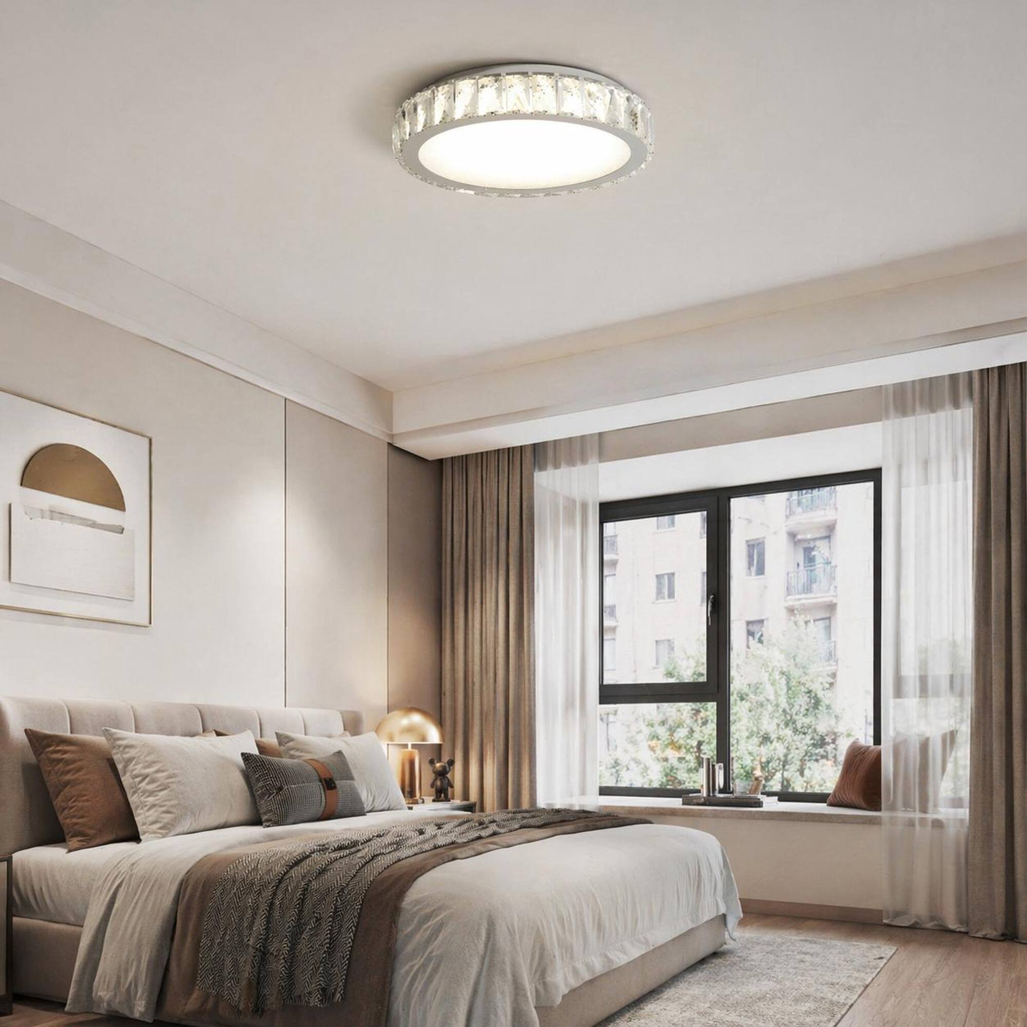 Left. RYHNUYNE - Crystal LED Flush Mount Ceiling Light 13.8 Inch, 38W Dimmable Modern Fixture with 3 Color Modes, Energy-Saving.