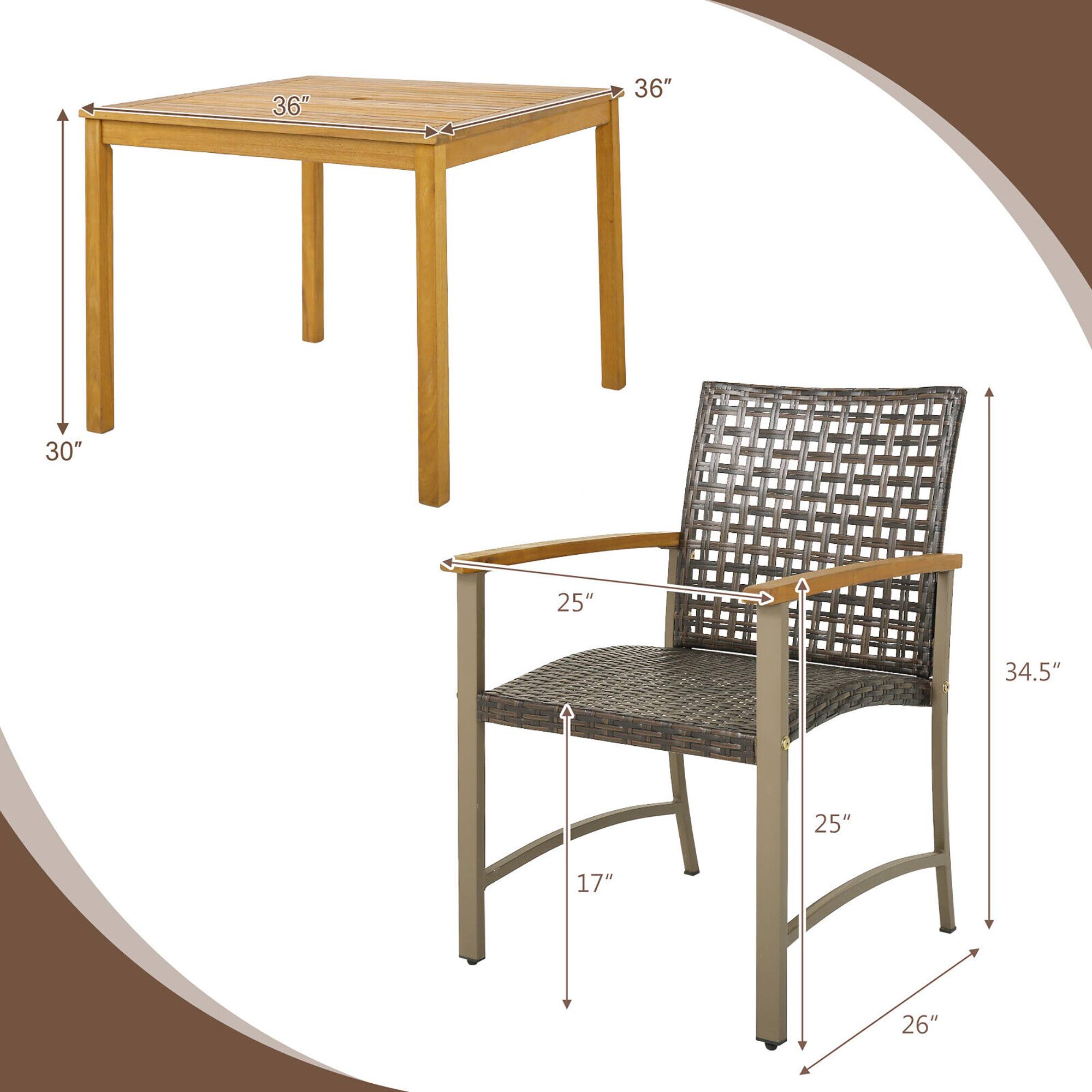 - Table:
  - Length: 36"
  - Width: 36"
  - Height: 30"

- Chair:
  - Seat Height: 17"
  - Back Height: 34.5"
  - Width: 25"
  - Depth: 25"
  - Armrest Height: 26"