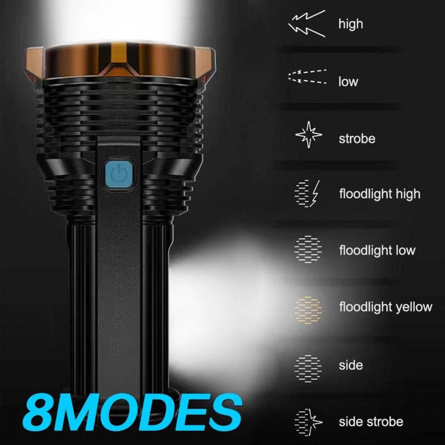 8 MODES

- high
- low
- strobe
- floodlight high
- floodlight low
- floodlight yellow
- side
- side strobe