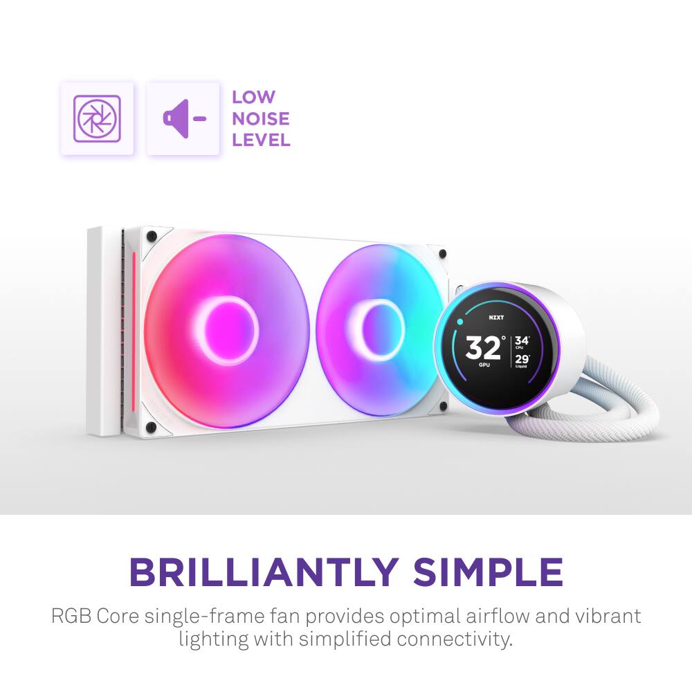 The text on the image is grouped and corrected as follows:

"BRILLIANTLY SIMPLE RGB Core single-frame fan provides optimal airflow and vibrant lighting with simplified connectivity. LOW NOISE LEVEL MEASURED 34 dBA - 32 dBA - 29 dBA."
