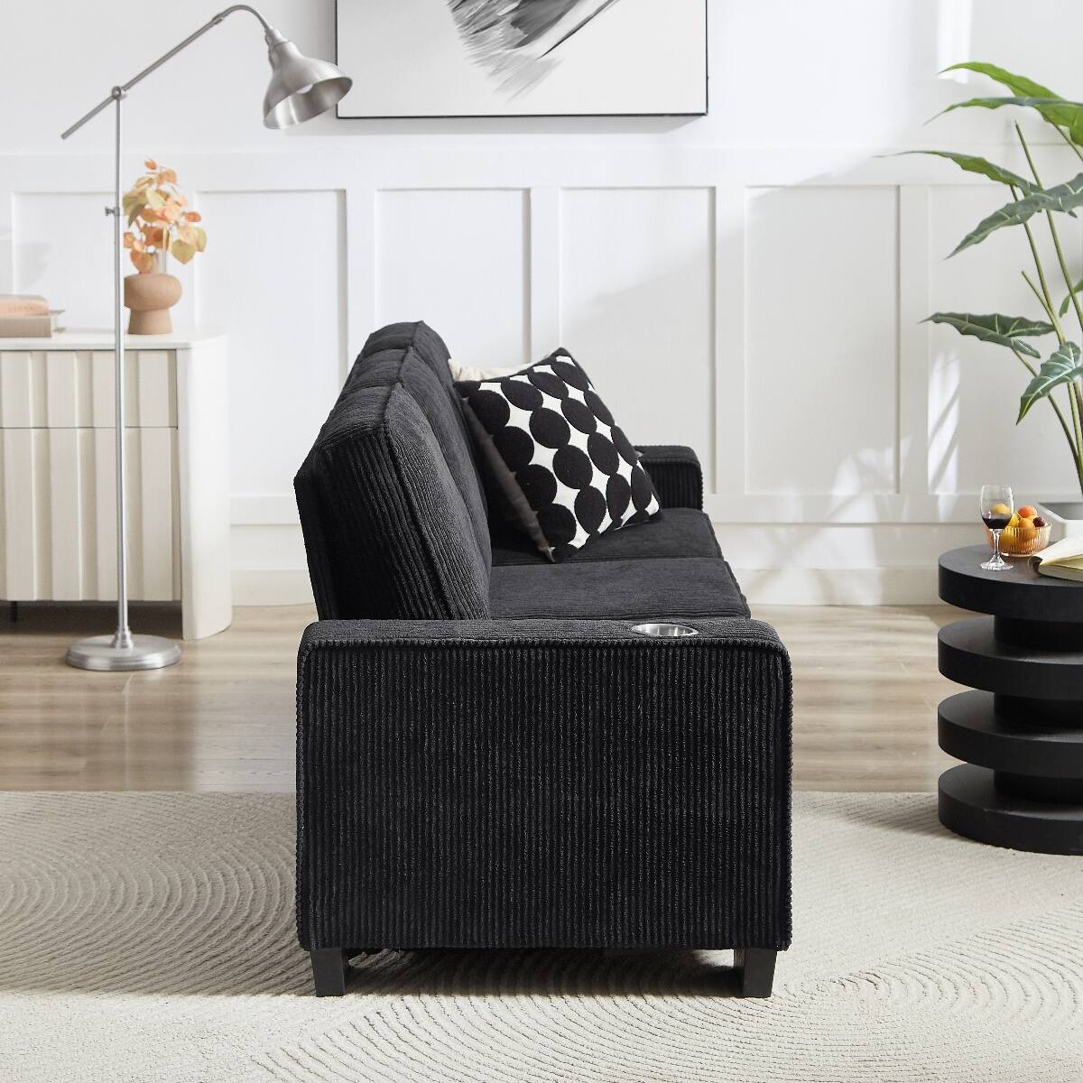 Back. Ropilly - Ropilly Modern Corduroy 3 Seater Sofa, Black Corduroy Sofa with Armrest Cup Holders, 83.86 Inch Couch - Black.