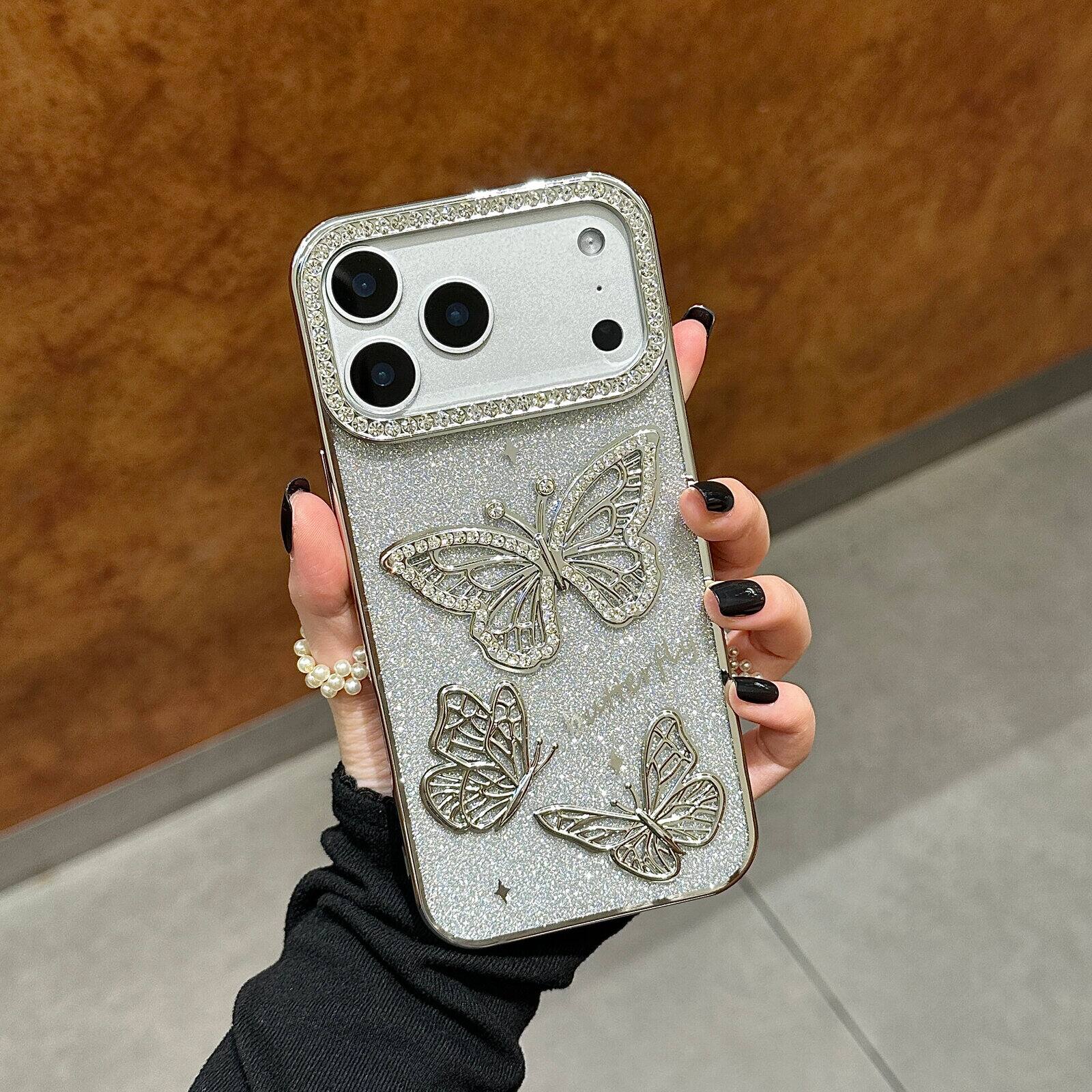 Alt View 7. UUCOVER - For Apple iPhone 17 Pro Slim Case, 3D Bling Rhinestone Butterfly Glitter Paper Electroplated TPU Bumper Clear Back Cover - Silver.