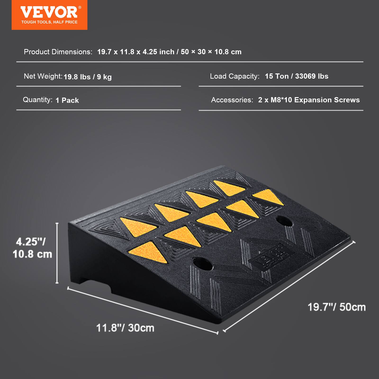 VEVOR TOUGH TOOLS, HALF PRICE

Product Dimensions: 19.7 x 11.8 x 4.25 inch / 50 x 30 x 10.8 cm

Net Weight: 19.8 lbs / 9 kg

Load Capacity: 15 Ton / 33069 lbs

Quantity: 1 Pack

Accessories: 2 x M8*10 Expansion Screws