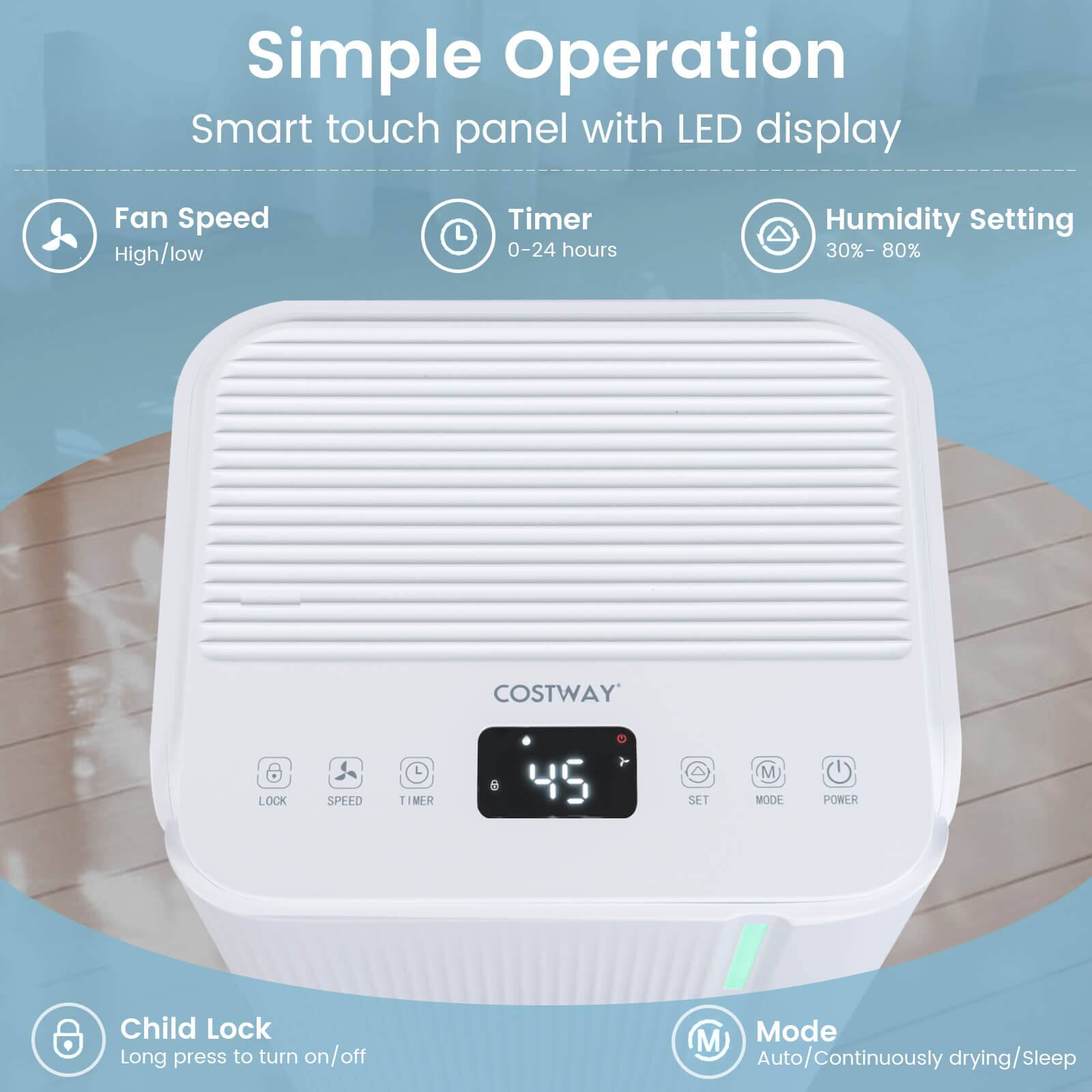 Simple Operation  
Smart touch panel with LED display  

Fan Speed  
High/low  

Timer  
0-24 hours  

Humidity Setting  
30% - 80%  

COSTWAY  

LOCK  
SPEED  
TIMER  
SET  
MODE  
POWER  

Child Lock  
Long press to turn on/off  

Mode  
Auto/Continuously drying/Sleep