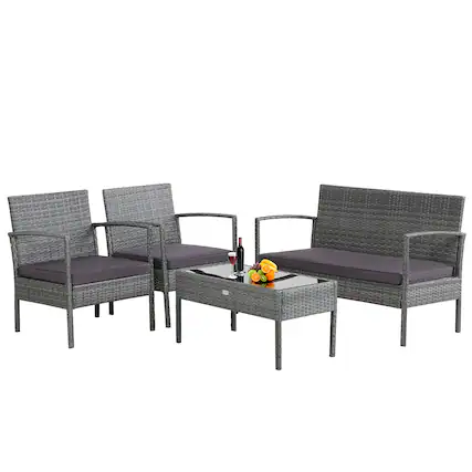 Front. Costway - Costway 4 PCS Outdoor Rattan Furniture Set Patio Conversation Sofa Set Cushioned - Grey.