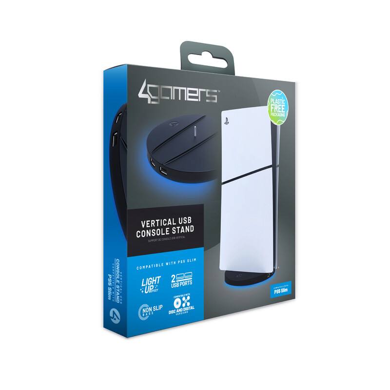 Agomers PLASTIC FREE PACKAGING  
VERTICAL USB CONSOLE STAND  
SUPPORT: PS5, PS4, PS4 Slim  

COMPATIBLE WITH PS5 SLIM  
LIGHT UP  
2 USB PORTS  
NON SLIP BASE  
DISC AND DIGITAL COMPATIBLE  

PS5 Slim