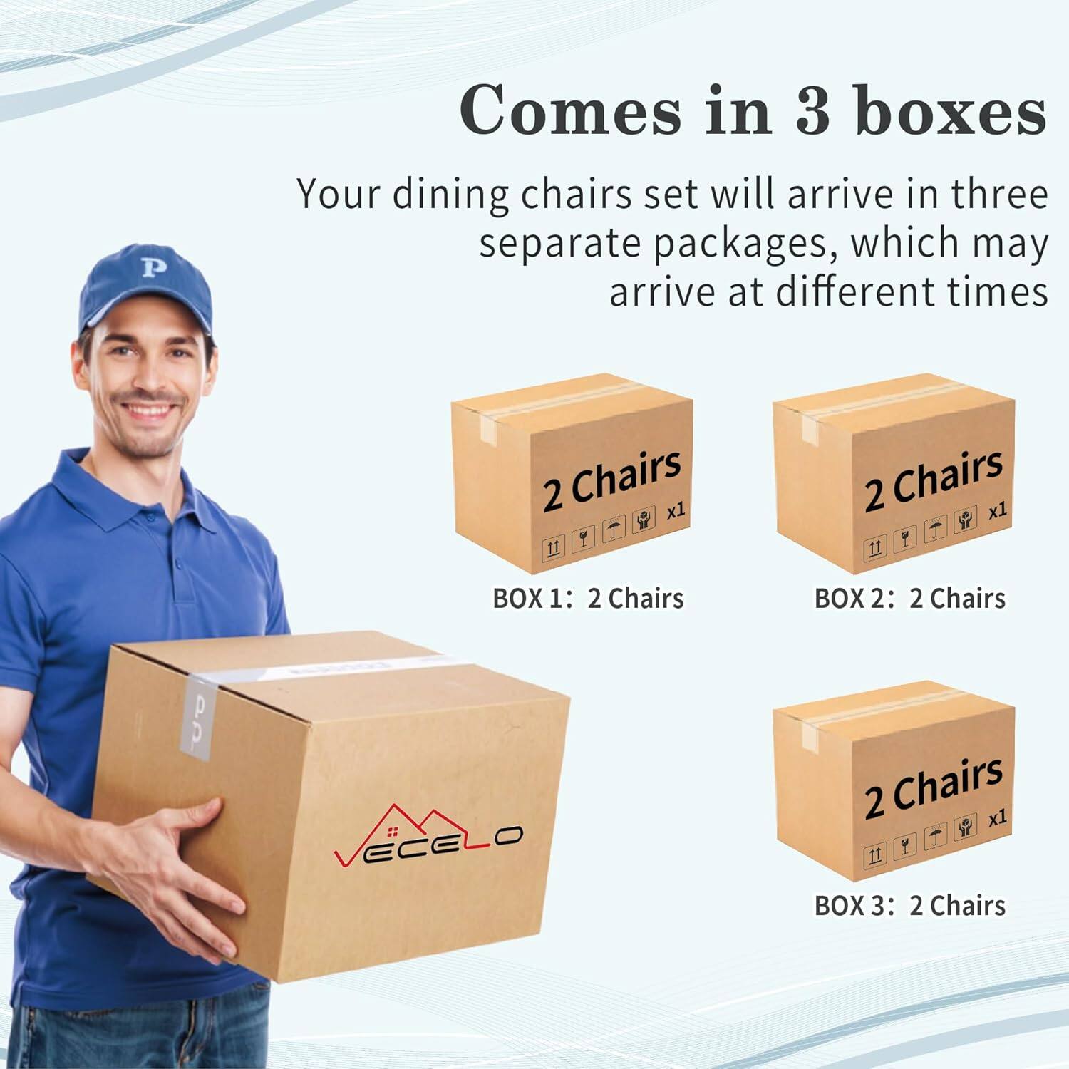 Your dining chairs set will arrive in three separate packages, which may arrive at different times

BOX 1: 2 Chairs  
BOX 2: 2 Chairs  
BOX 3: 2 Chairs