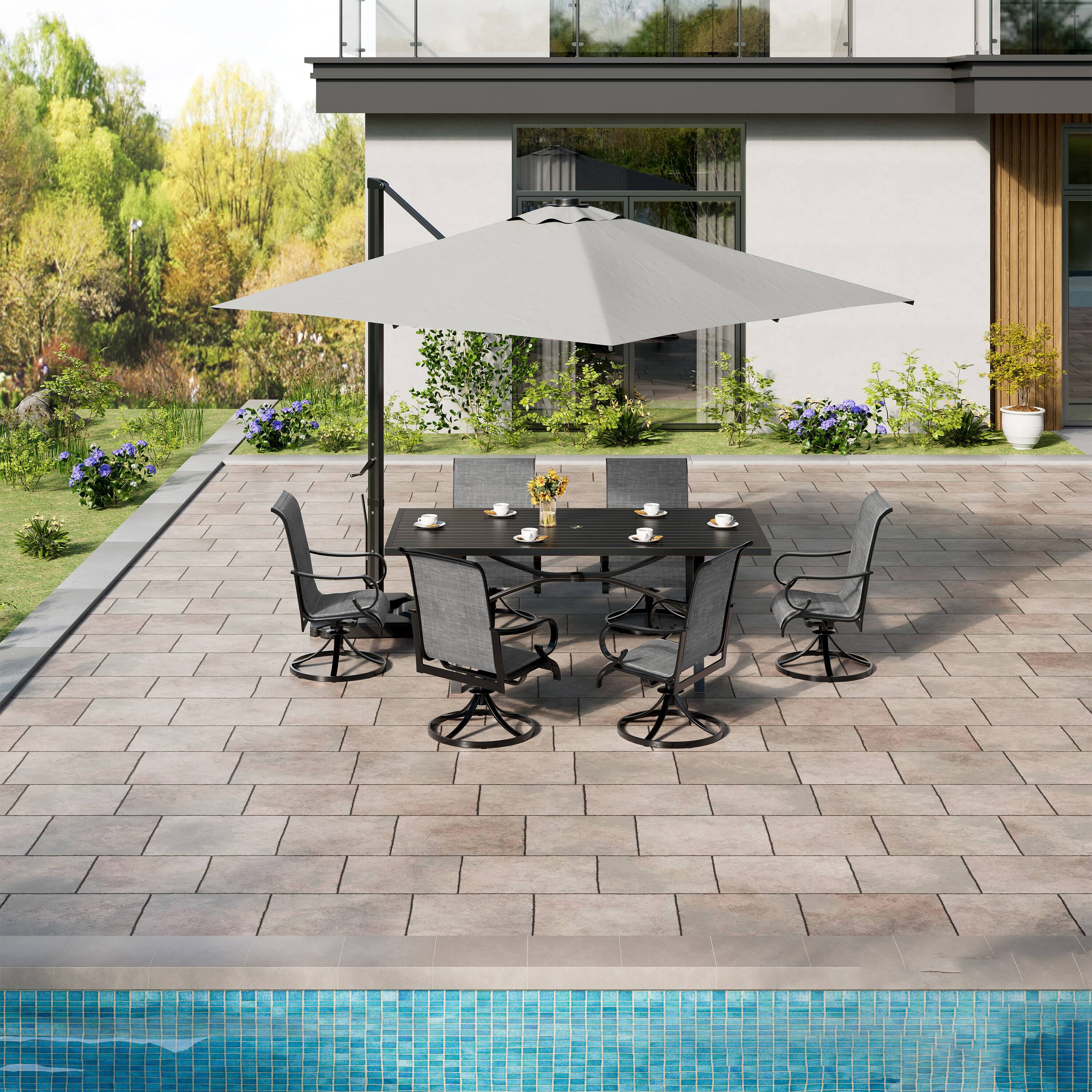 Angle. Mondawe - 7-Piece Outdoor Dining Set with Swivel Chairs - Black+Grey.