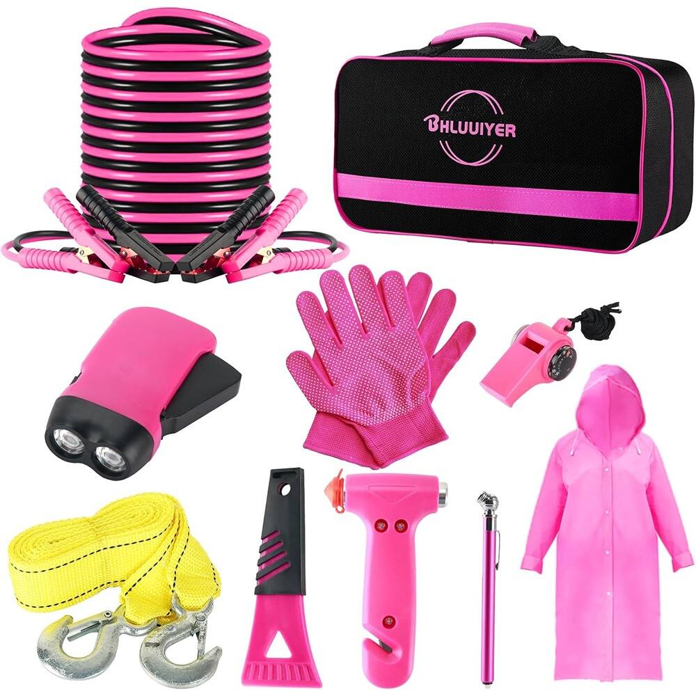 Front. MOSZAR LLC - ChatGPT said:  Pink Car Emergency Kit with Jumper Cables, Tow Rope & Safety Hammer.