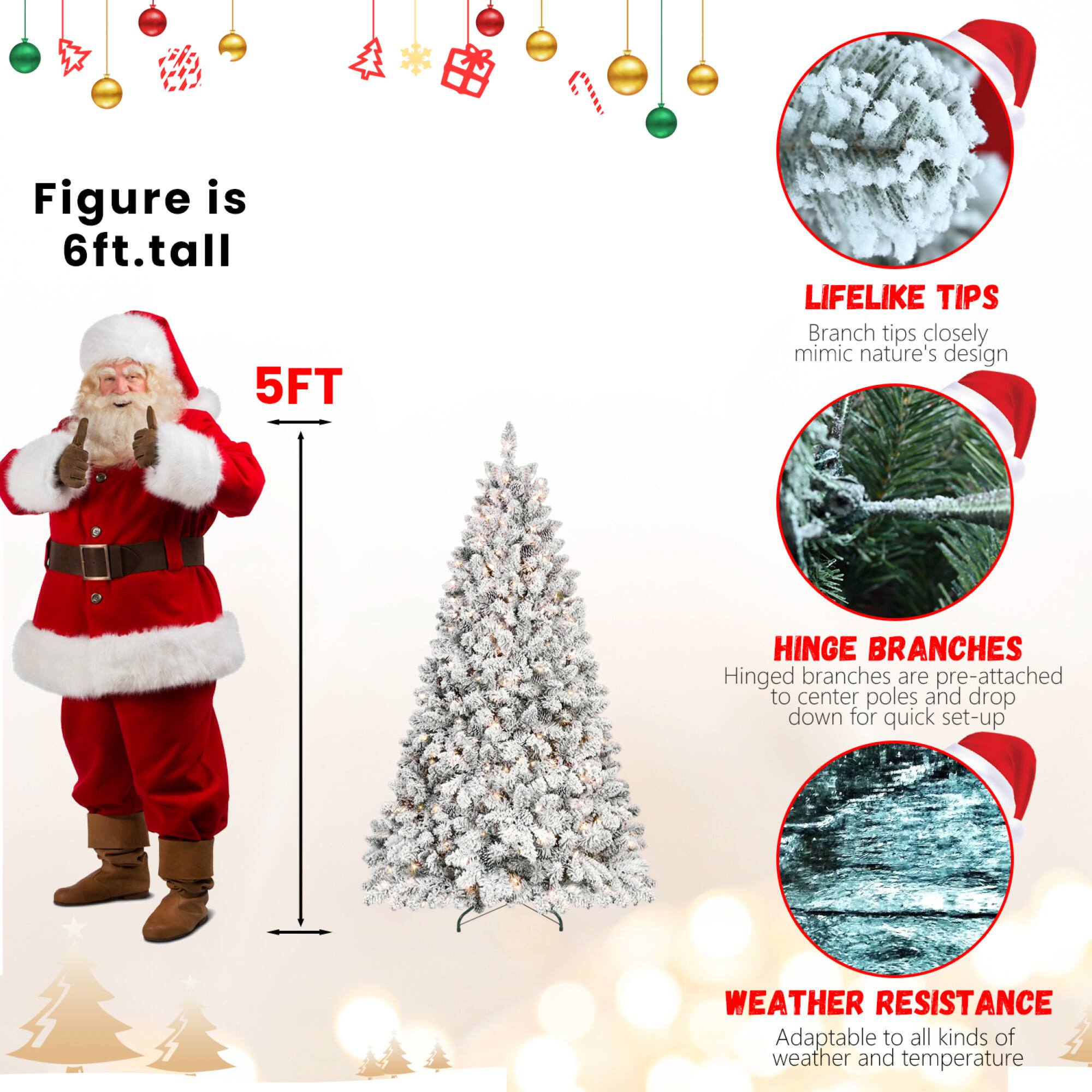 Alt View 8. ELEMENT ACE - 6-Foot Snow-Flocked Artificial Christmas Tree with Built-in Pine Cones and Pre-Lit LED Lights for Festive Holiday Decor - Green,White.