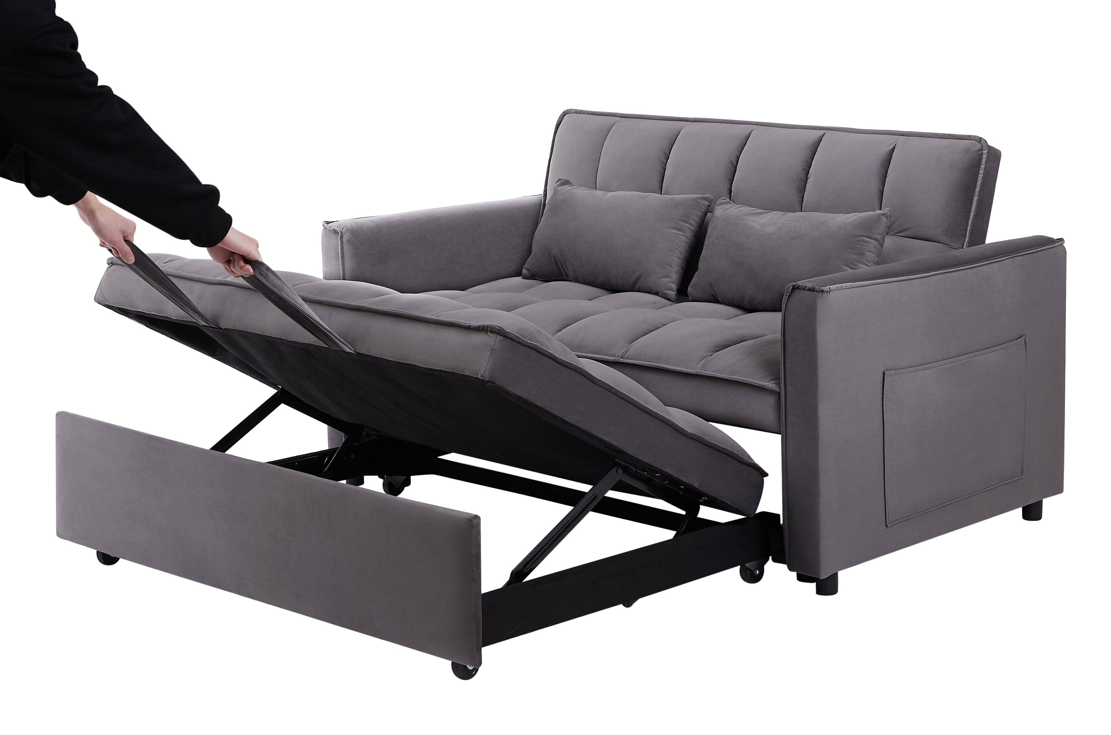 Left. Anysun - 55" 3-in-1 Velvet Convertible Sofa Bed - Adjustable Back, Storage Bag & Pillow for Living Room & Bedroom - Light Gray.