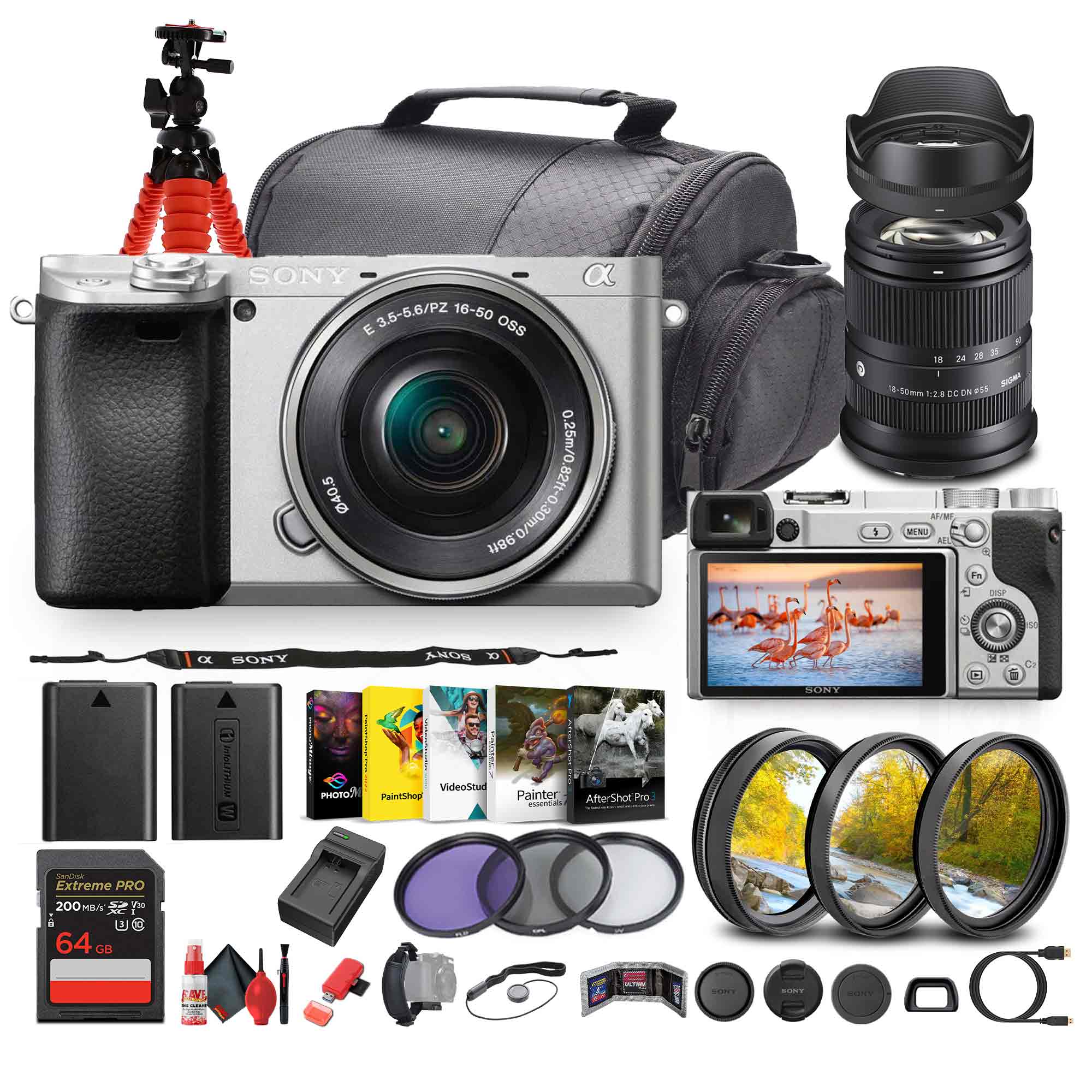Sony - a6400 Mirrorless Camera with 16-50mm f/3.5-5.6 II Lens (Silver) - Bundle