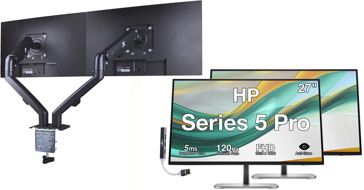 HP - Series 5 Pro 27" FHD IPS Monitor, Pivot Flicker Free, Displayport, HDMI,2 Pack w/DKZ Hub & ErgoFlexy Dual Mount Arms - Black