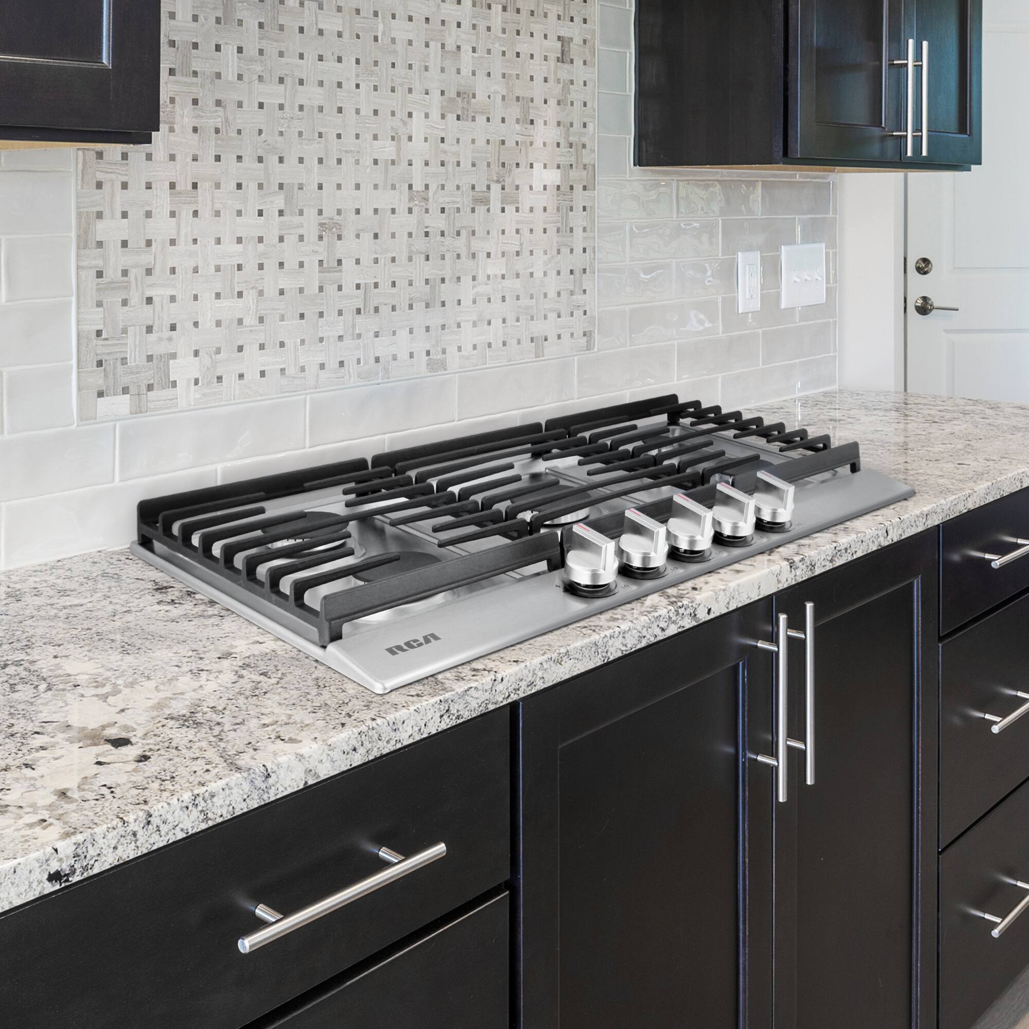 Angle. RCA - R-CTGL365SS 36 in. Legacy Collection Drop-In Gas Cooktop, 5 Burners, Cast Iron Grates, Metal Knobs - Stainless Steel.