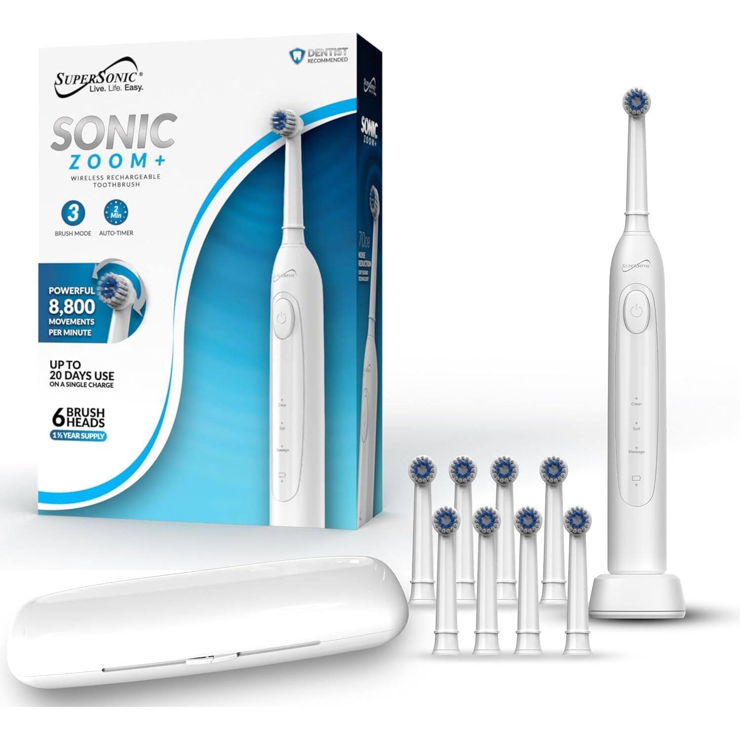 SUPERS ONIC Live. Life. Easy SONIC ZOOM + WIRELESS RECHARGEABLE TOOTHBRUSH R DENTIST RECOMMENDED SONIC. 2000 Sa 3 BRUSH MODE AUTO-TIMER 7o POWERFUL 8,800 MOVEMENTS PER MINUTE UP TO 20 DAYS USE ON SINGLE CHARGE BRUSH 6 HEADS 1 YEAR SUPPLY