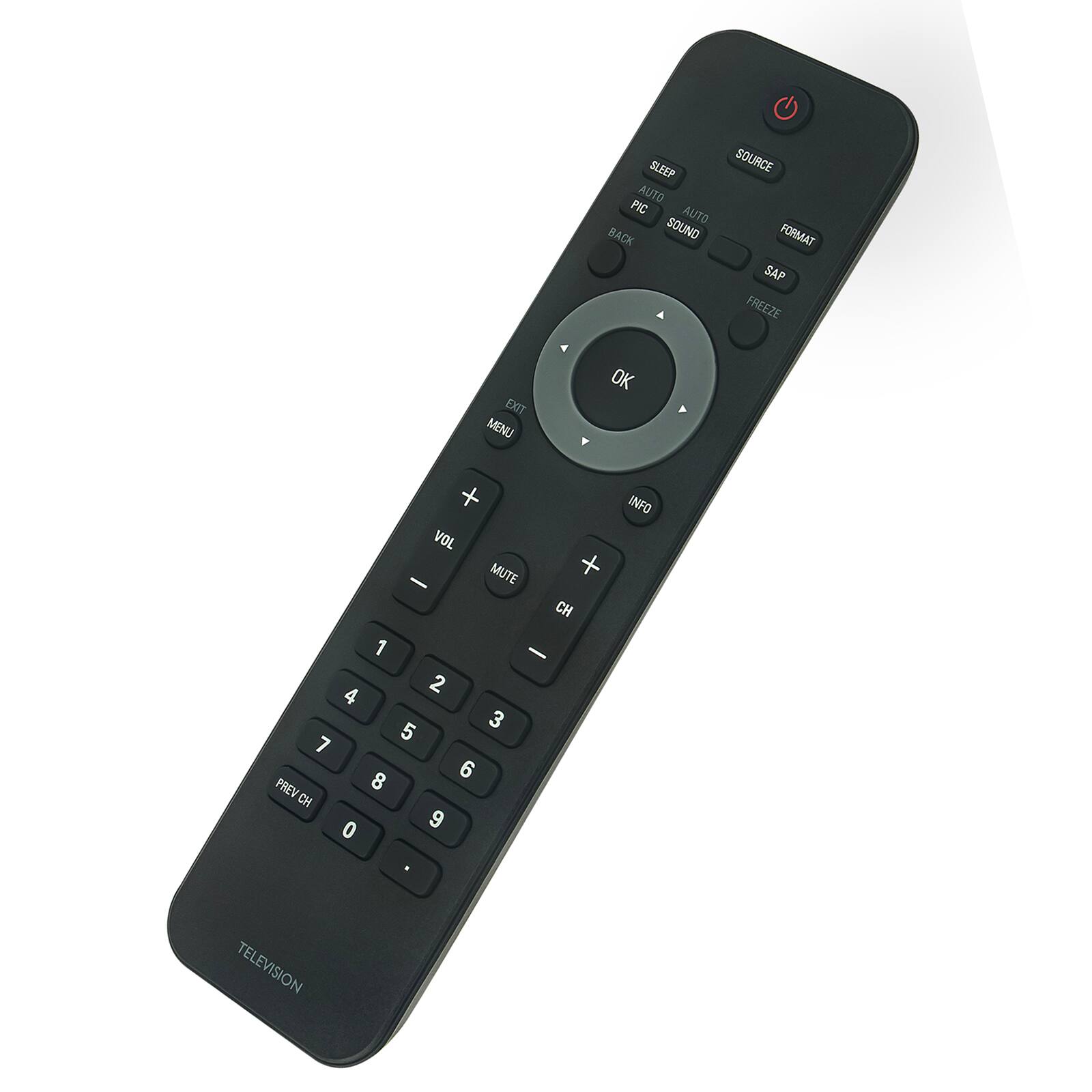 SLEEP AUTO PIC AUTO BACK SOUND SOURCE FORMAT SAP FREEZE EXIT MENU OK + VOL MUTE + - CH 1 - 2 4 3 5 7 6 PREV 8 CH 0 9 INFO . TELEVISION