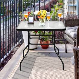 Mondawe - 32in Freestanding Tempered Glass Square Patio Table, Steel Frame Outdoor Side Table w/ Umbrella Hole - Black