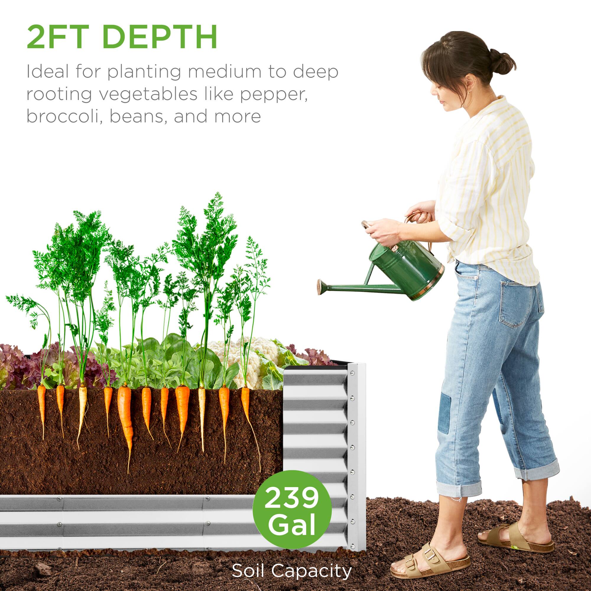 2FT DEPTH  
Ideal for planting medium to deep rooting vegetables like pepper, broccoli, beans, and more  

239 Gal  
Soil Capacity