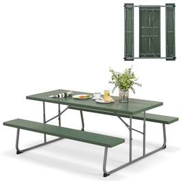 Costway - Folding Picnic Table with 2 Benches All Weather Wood-like Tabletop Umbrella Hole - Green