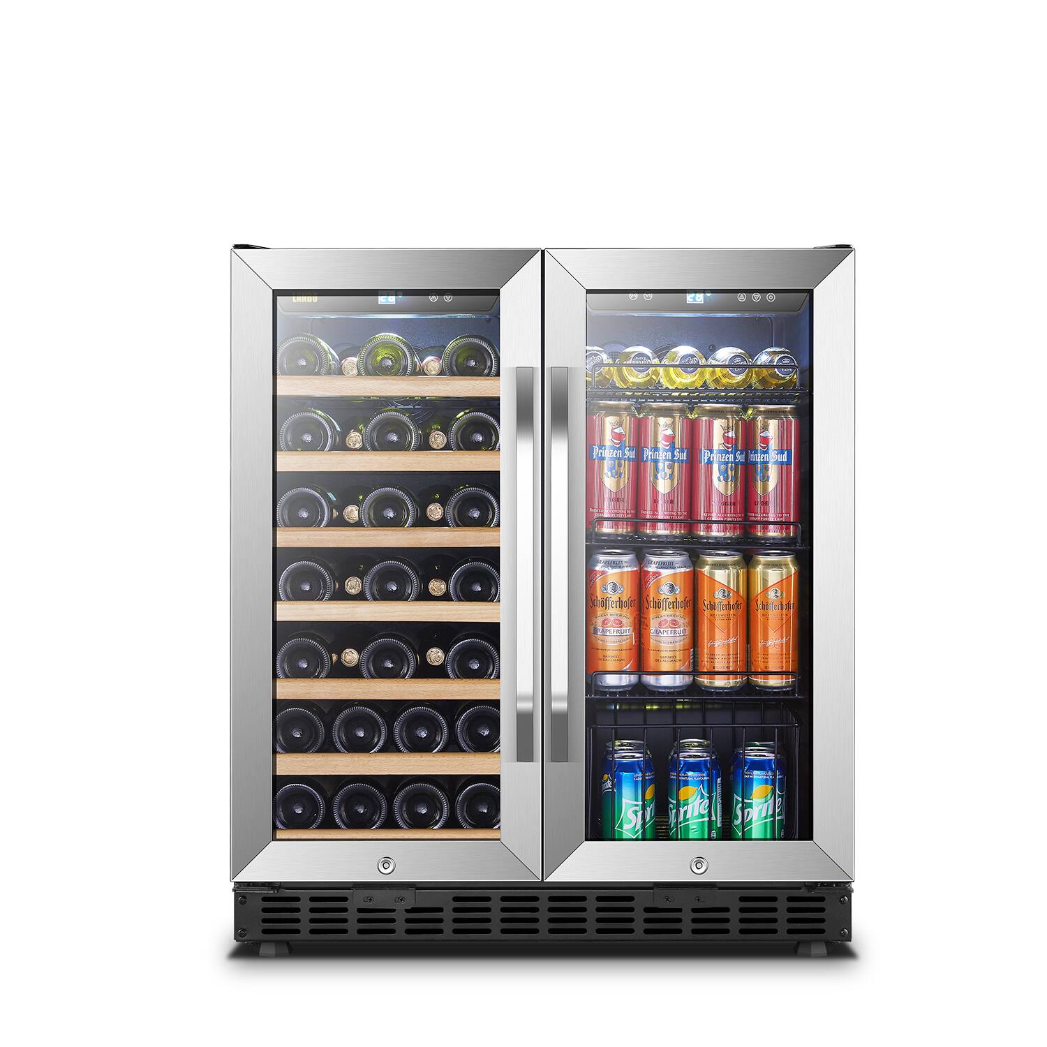 Front. Lanbo - 30 Inch width 76 Can 31 bottle  Freestanding/Built-In Wine and Beverage Cooler with French Doors and 2 Independent Zones - Black.
