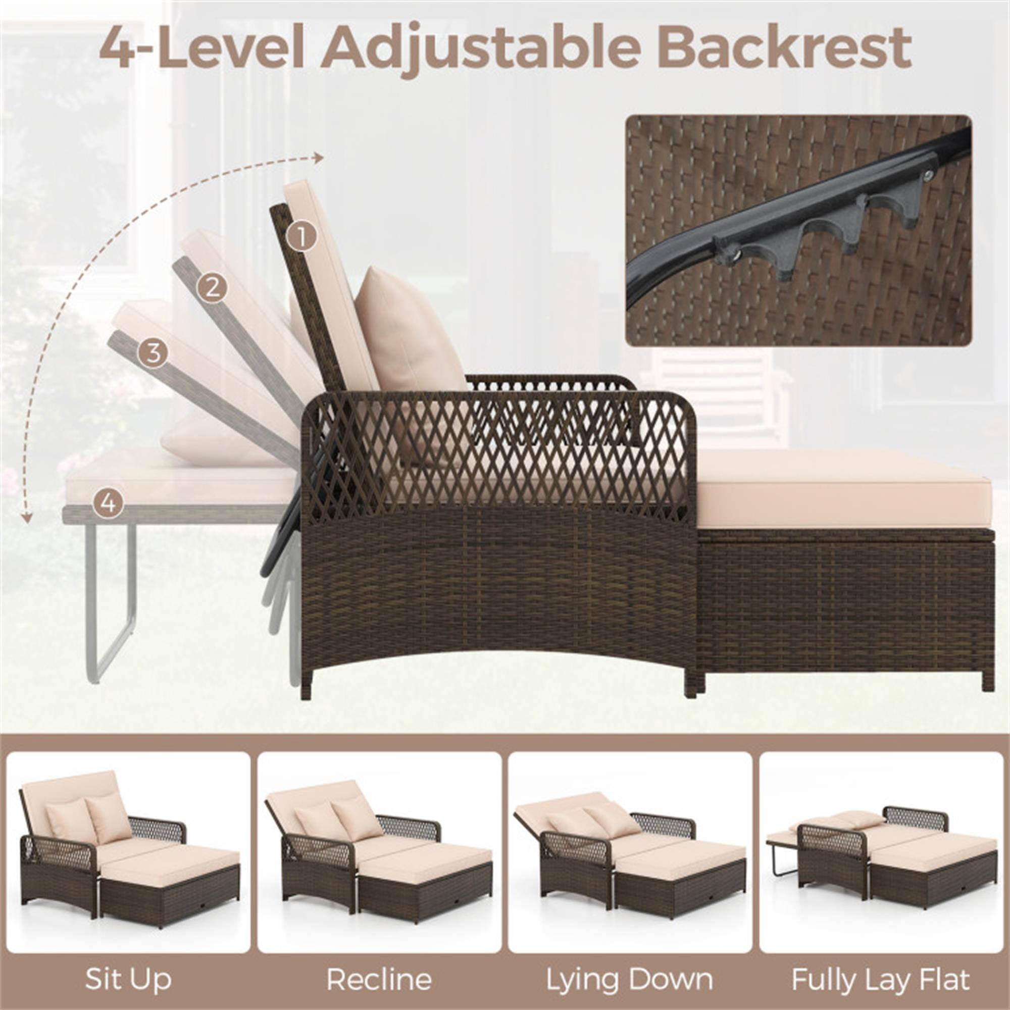 4-Level Adjustable Backrest

1. Sit Up
2. Recline
3. Lying Down
4. Fully Lay Flat