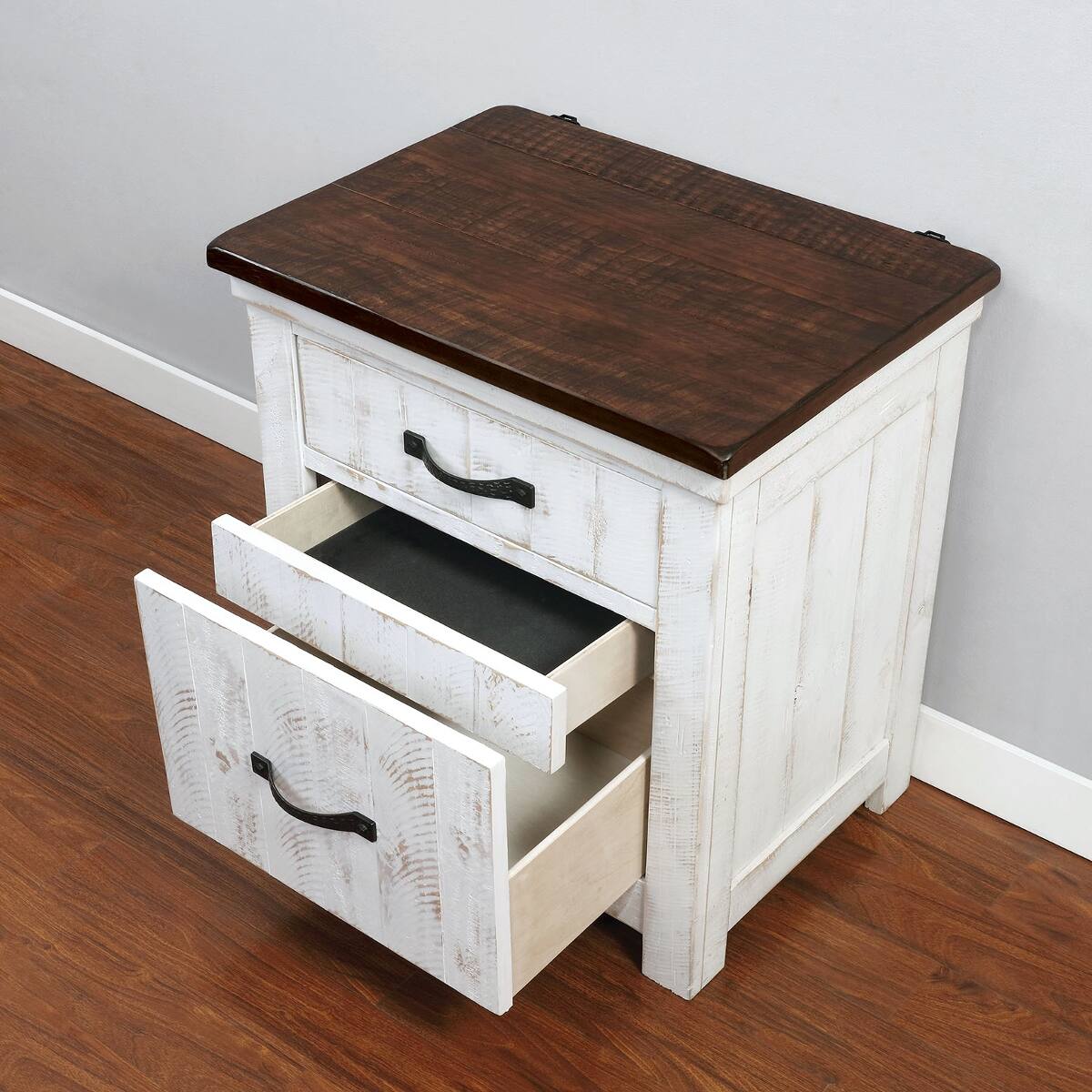 Alt View 1. Loheer - Loheer Solid Wood Nightstand Distressed White Finish with Two Drawers - Brown and Distressed White with Walnut.