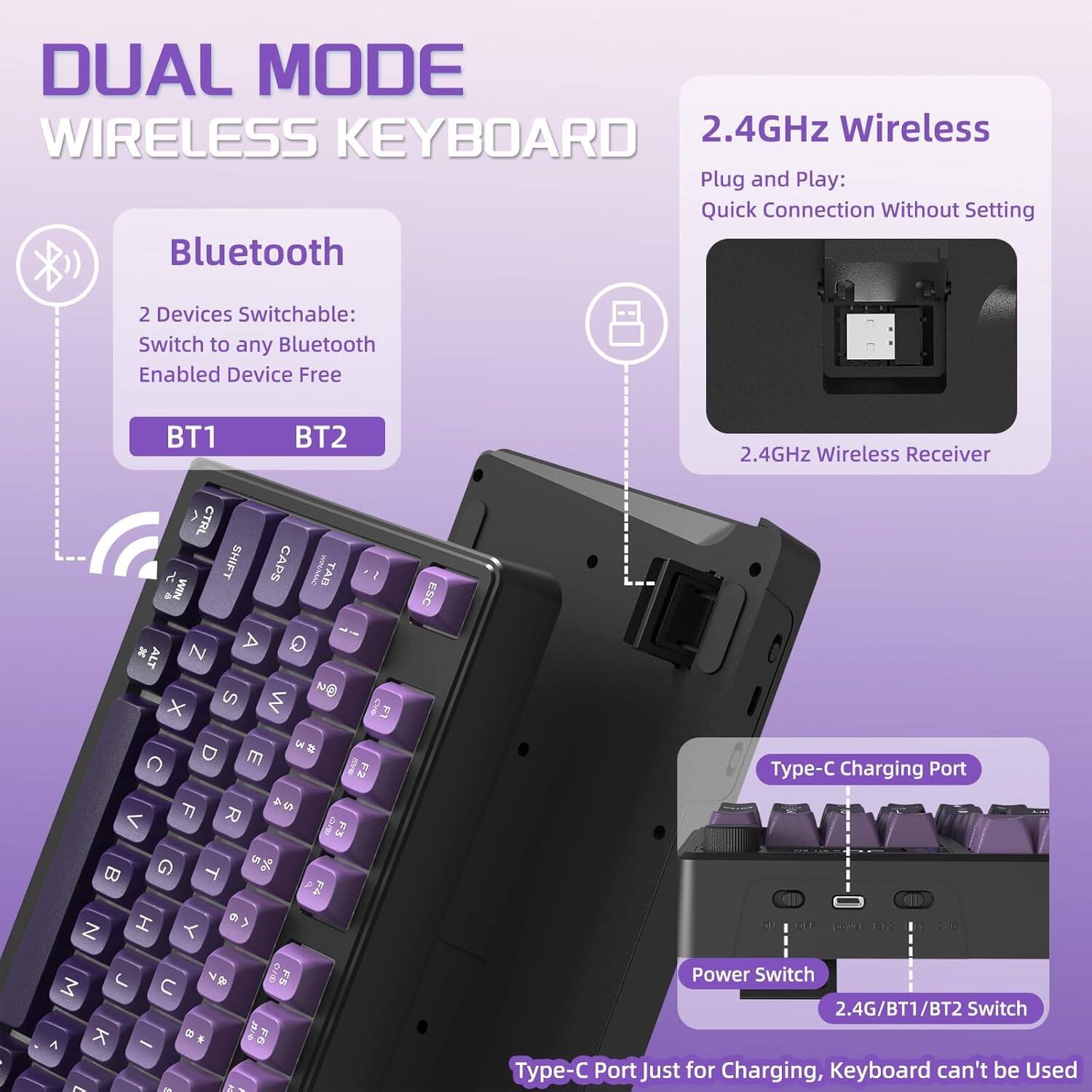 DUAL MODE WIRELESS KEYBOARD

Bluetooth
- 2 Devices Switchable: Switch to any Bluetooth Enabled Device Free
- BT1 BT2

2.4GHz Wireless
- Plug and Play: Quick Connection Without Setting
- 2.4GHz Wireless Receiver

Type-C Charging Port
- Power Switch
- 2.4G/BT1/BT2 Switch
- Type-C Port Just for Charging, Keyboard can't be Used