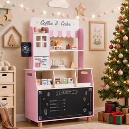 Costway - 2-in-1 Wooden Ice Cream Shop Playset with 28 Accessories for Kids Ages 3+ - Pink