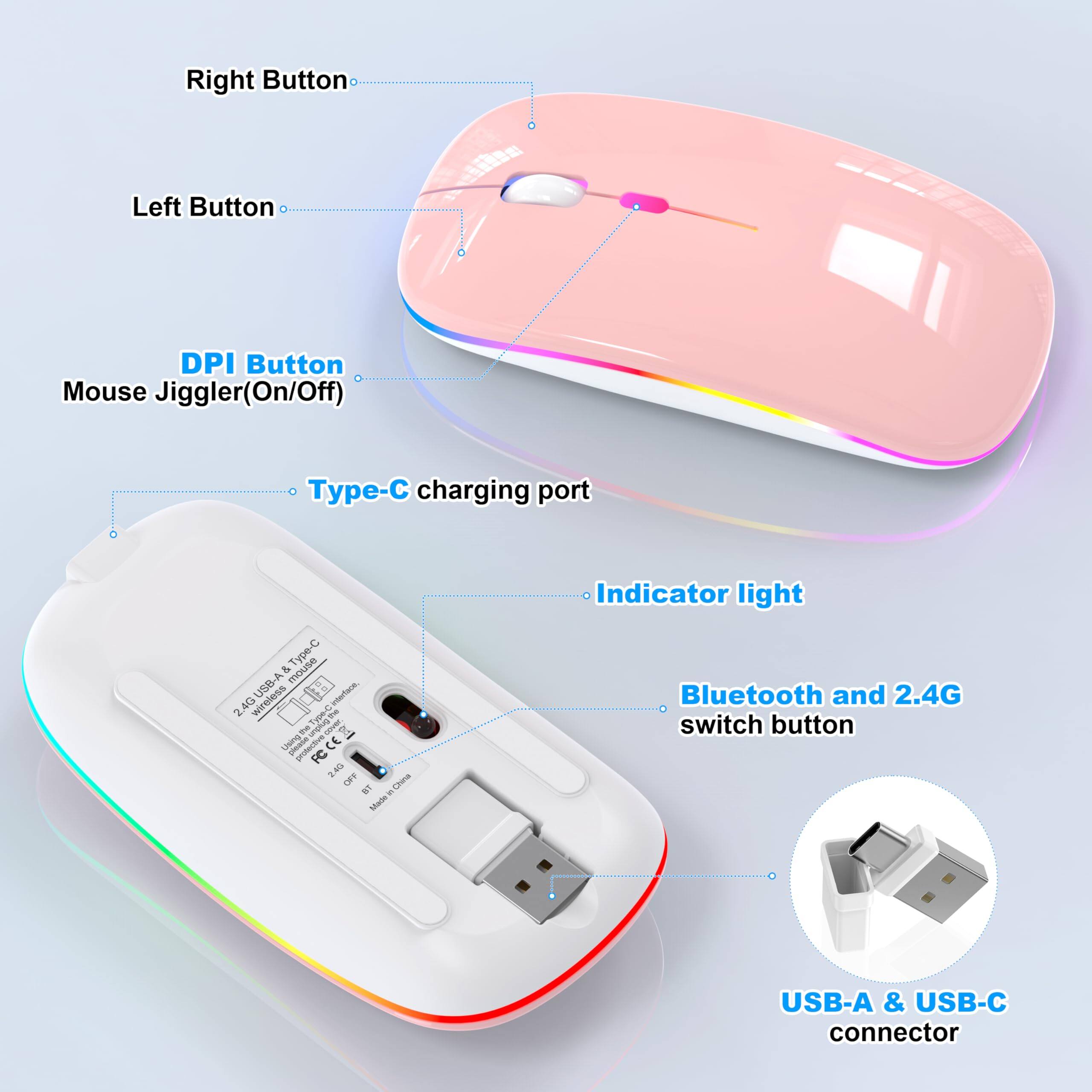- Right Button
- Left Button
- DPI Button
- Mouse Jiggler (On/Off)
- Type-C charging port
- Indicator light
- Bluetooth and 2.4G switch button
- USB-A & USB-C connector