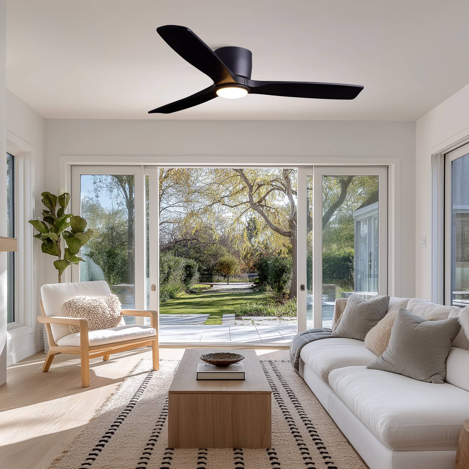 Back. Siljoy - 52 Inch Matte Black Low Profile Flush Mount Ceiling Fan With LED Light 3 Solid Wood Blades For Bedroom Living Room - Matte Black.
