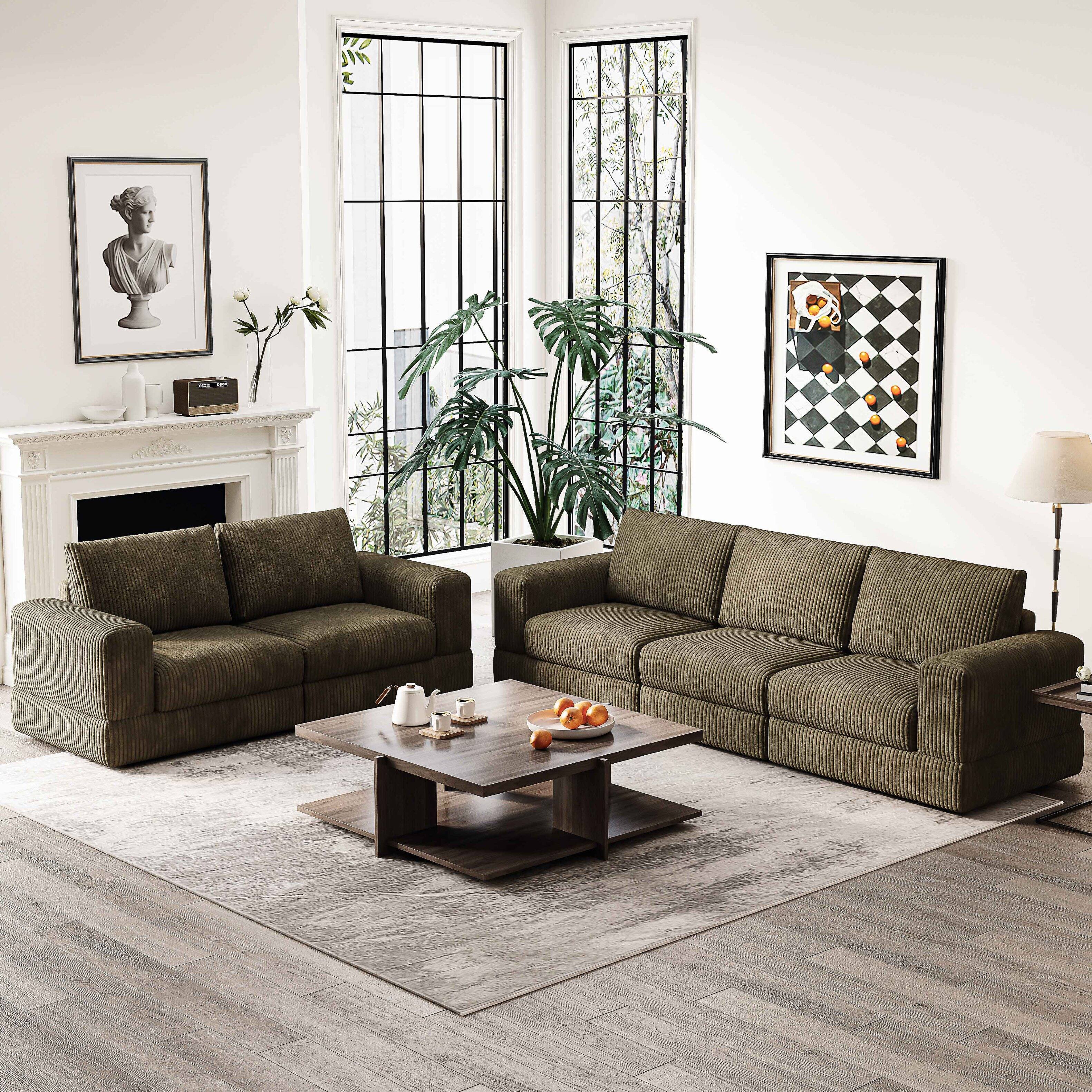 Alt View 1. MSOOB - 137.8" Corduroy Sectionals Sofa, 4 Seater Modern Modular Oversized Upholstered Couch with Deep Seat for Living Room - Green.