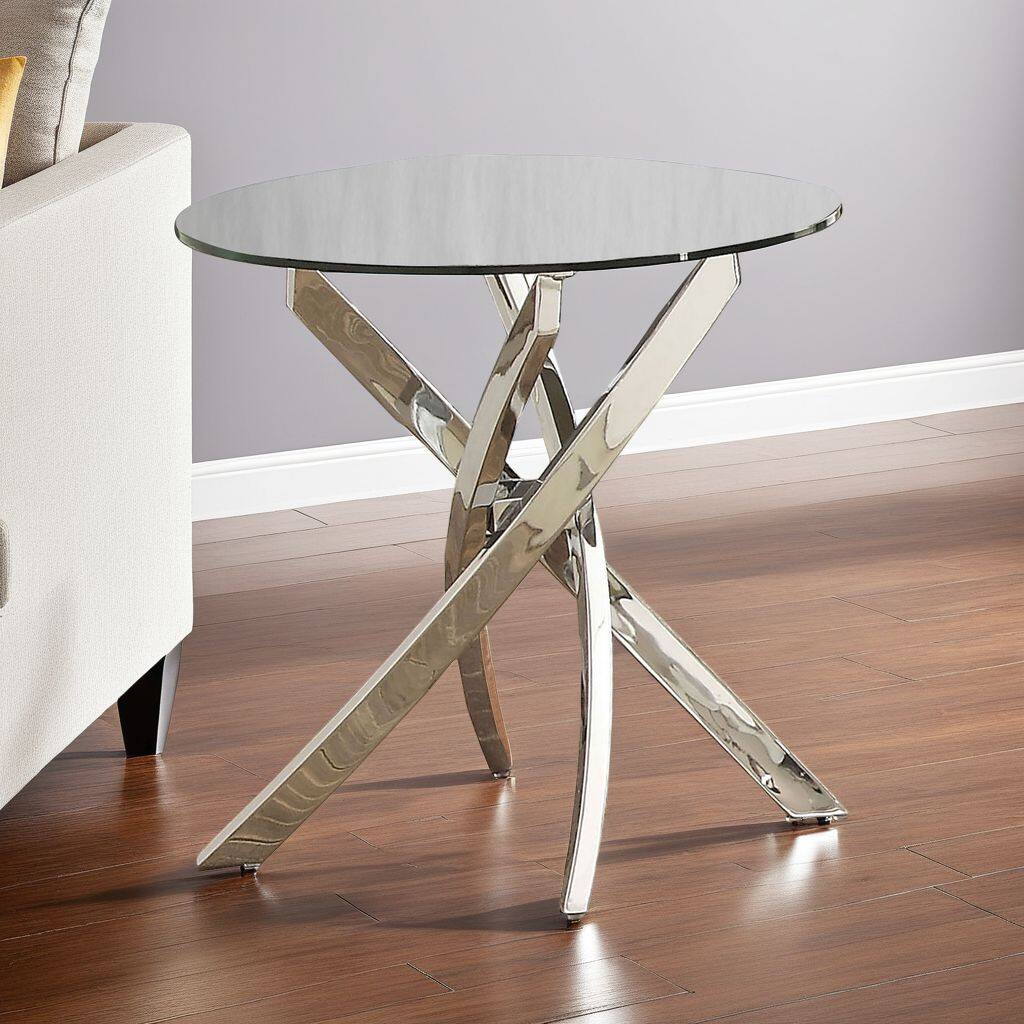 Alt View 5. Manhattan Lane - Round Glass Top End Table with Criss Cross Metal Base - Silver and clear.
