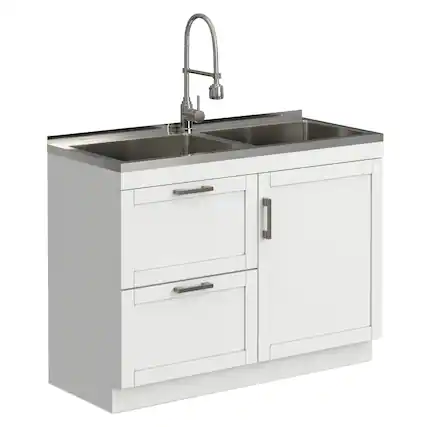 Front. Simpli Home - Hennessy All-In-One 46-inch Laundry Utility Sink and Cabinet - Pure White.
