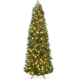 Best Choice Products - 12ft Pre-Lit Artificial Scotch Pine Pencil Christmas Tree w/ 700 LED Lights, Metal Stand - Green