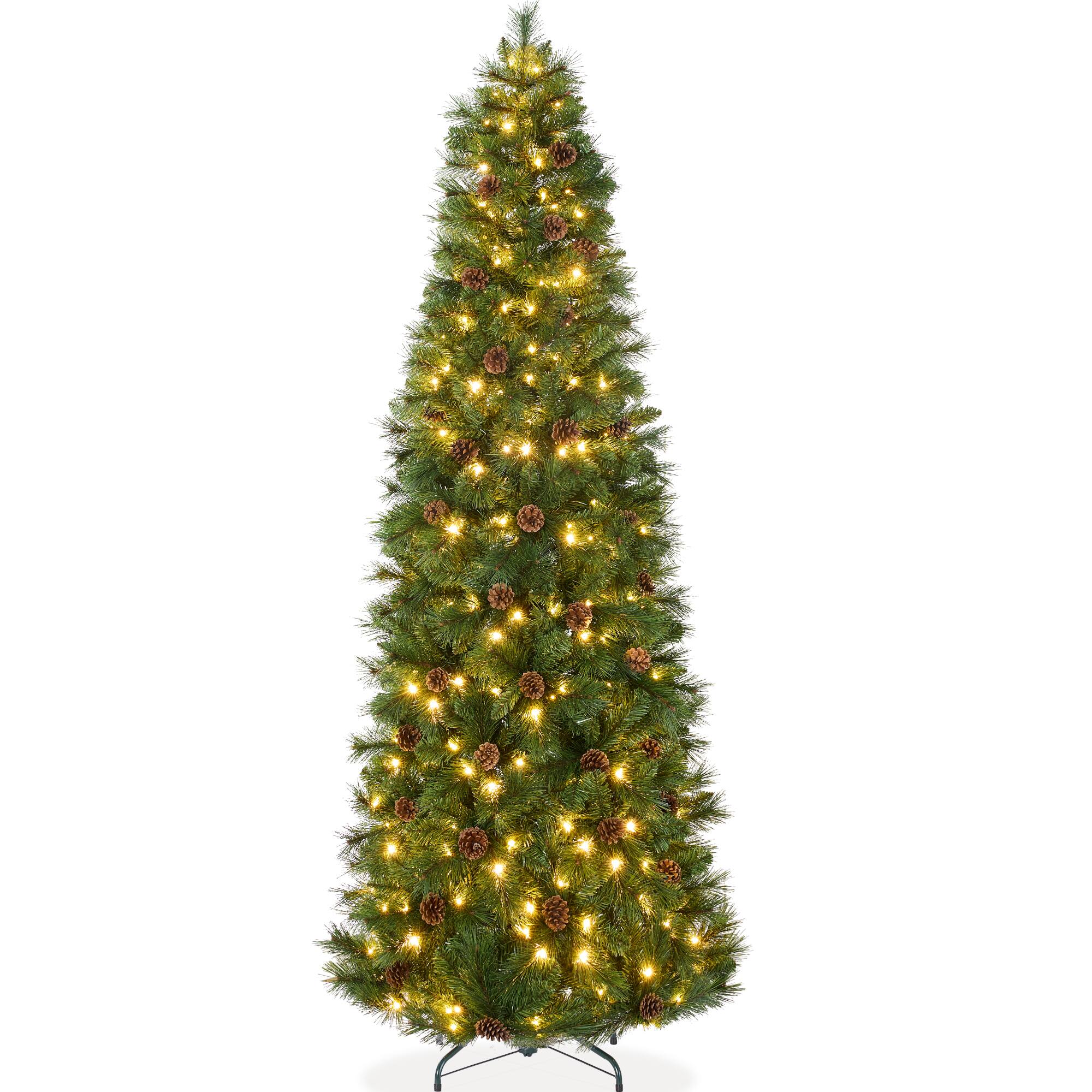Best Choice Products - 12ft Pre-Lit Artificial Scotch Pine Pencil Christmas Tree w/ 700 LED Lights, Metal Stand - Green