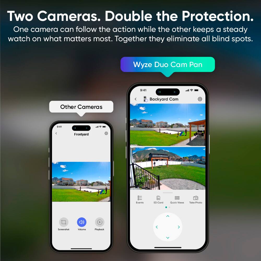 Two Cameras. Double the Protection. One camera can follow the action while the other keeps a steady watch on what matters most. Together they eliminate all blind spots. Wyze Duo Cam Pan 9:41. Other Cameras. Backyard Cam 9:41. Frontyard. Events. SD Card. Quick Views. Take Photo. Screenshot. Volume. Playback.