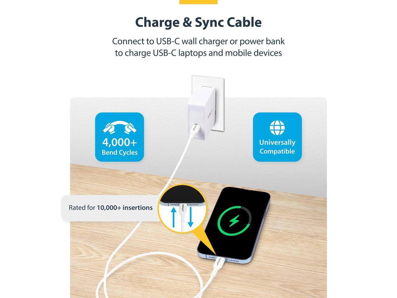 Charge & Sync Cable  
Connect to USB-C wall charger or power bank to charge USB-C laptops and mobile devices  

4,000+ Bend Cycles  
Universally Compatible  
Rated for 10,000+ insertions