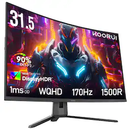 KOORUI - 32 inch Curved Gaming Monitor, QHD(2560x1440) R1500 170Hz, AdaptiveSync, HDR10, 1 x DP1.2, 2 x HDMI 2.0, Eye Care - Black
