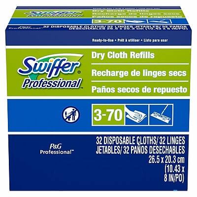 Sure, here is the corrected and grouped text:
---
**Swiffer Professional**
**Dry Cloth Refills**
**Recharge de linges secs**
**Paños secos de repuesto**
**3-70**
**32 Disposable Cloths / 32 Linges Jetables / 32 Panos Desechables**
**26.5 x 20.3 cm (10.43 x 8 in/PO)**
**Ready-to-Use / Prêt à utiliser / Listo para usar**
**Dry Cloth Refills**
**P&G Professional**
---
This text is organized to reflect the information from the image accurately.
