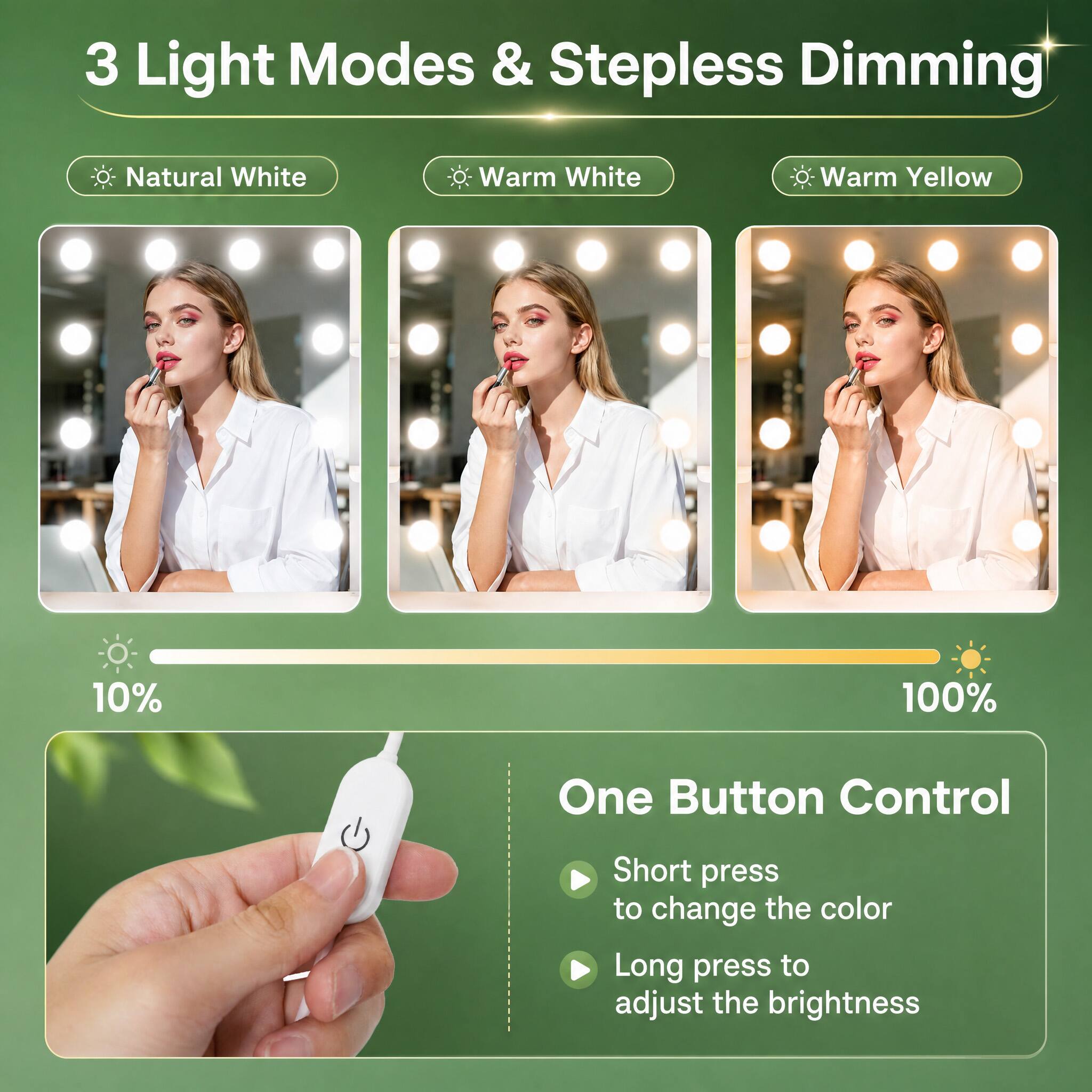 3 Light Modes & Stepless Dimming

Natural White
Warm White
Warm Yellow

10%
100%

One Button Control
Short press to change the color
Long press to adjust the brightness