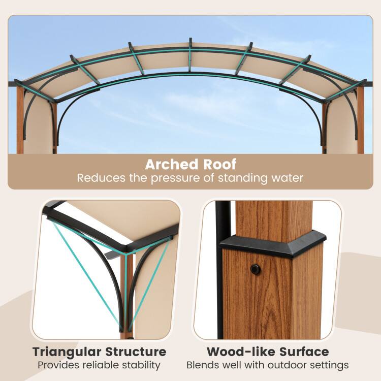 Arched Roof  
Reduces the pressure of standing water  

Triangular Structure  
Provides reliable stability  

Wood-like Surface  
Blends well with outdoor settings